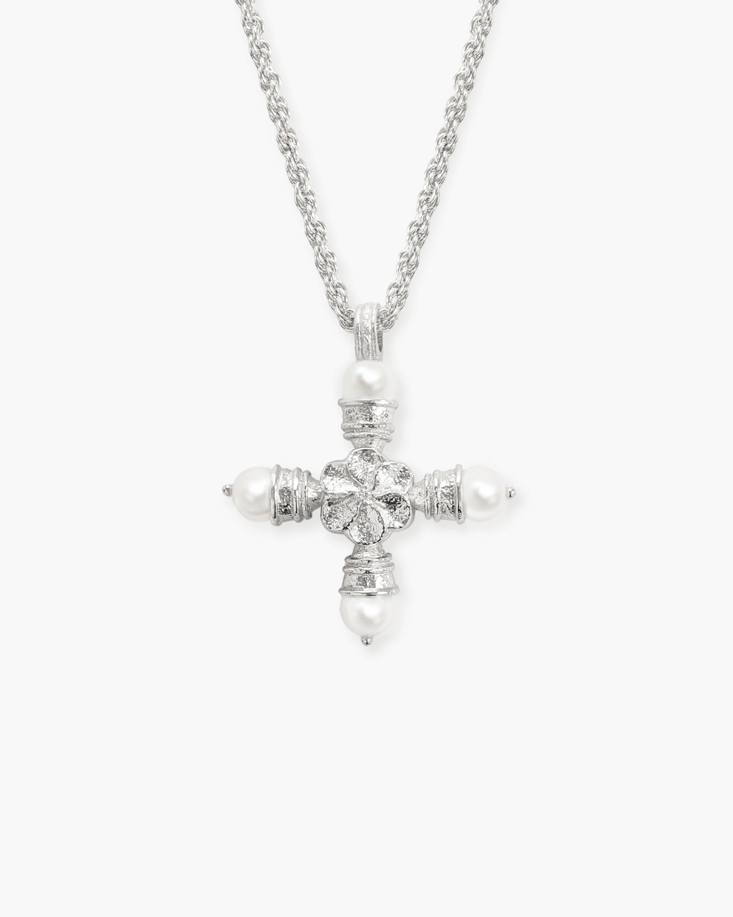 Florence Pearl Cross Necklace in Silver