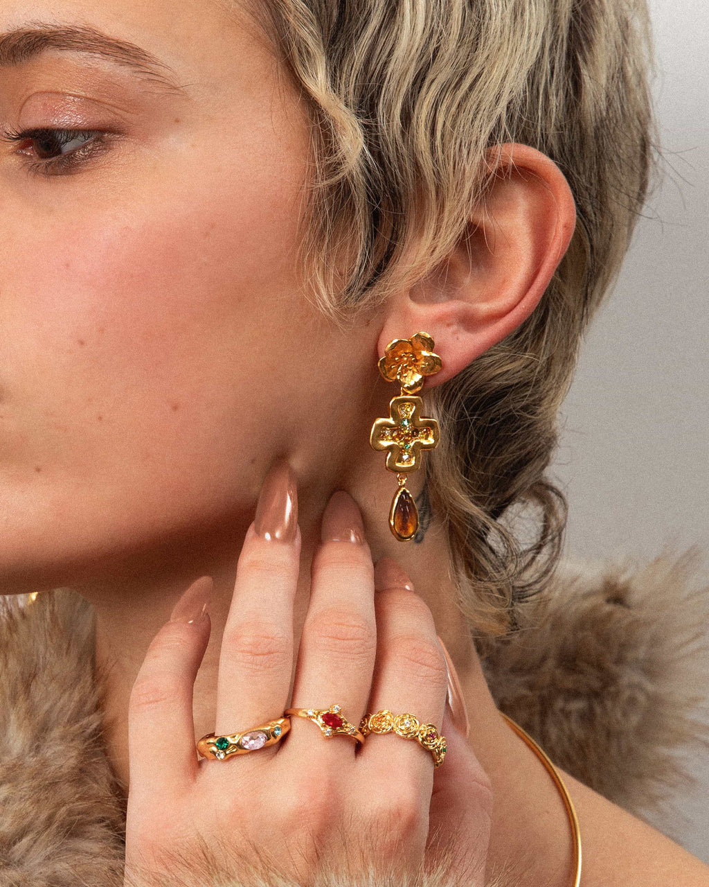 Amber Dew Floral Cross Earrings