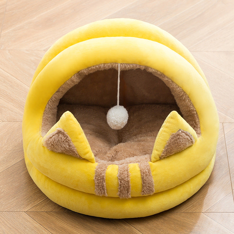 Cat Bed House Cave Hooded with dangling cat toy ball