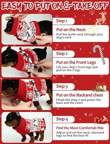 2PCS Dog Christmas Sweater, Soft Warm Pet Clothes Coat for Small Medium Large Dogs and Cats Boy Girl, Fall Cozy Holiday Turtleneck Knitting Collar Pullover Pup Outfit Costume for Thanksgiving New Year
