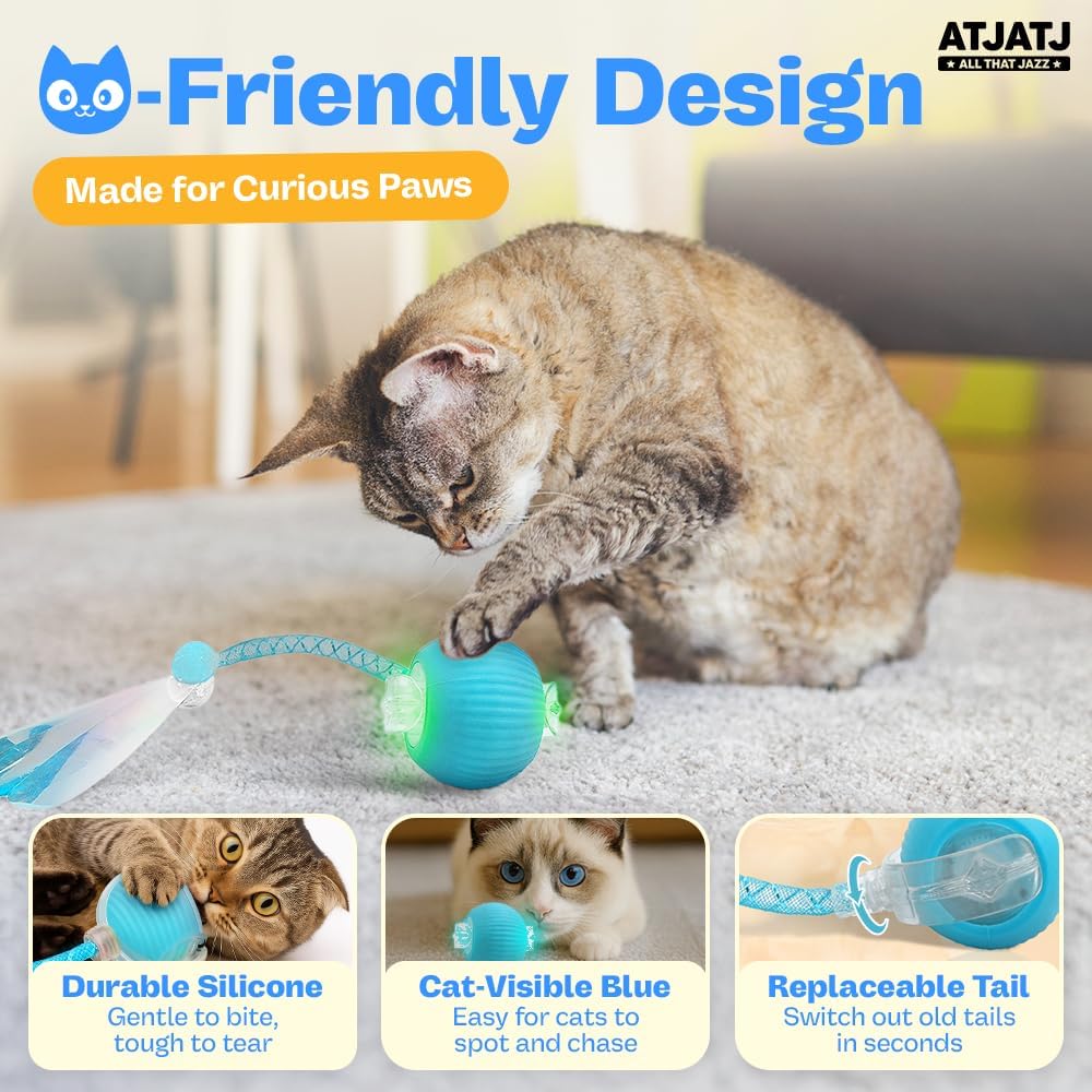 Interactive Cat Balls Toys for Indoor Cats, Automated Smart Ball Cat Toy with Elastic Mesh Tail, 3-Speed Rechargeable Rolling Kitten Toy, Electronic Mental Stimulating Self Play Pet Ball for Fun
