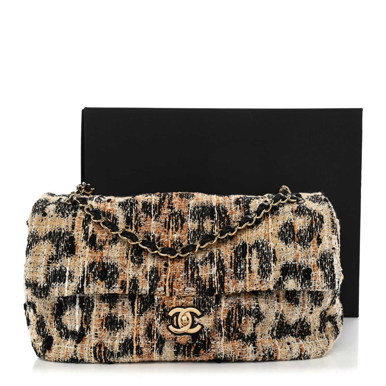 Tweed Mixed Fibers Leopard Print Small Souplissimo Maxi Flap Brown Black White