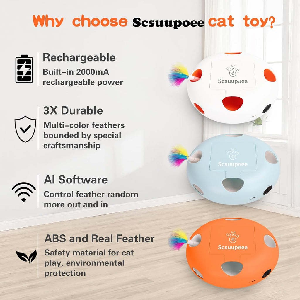 IInteractive Cat Toy, Electric Cat Toys for Moving Concealed Feathers, Smart Sensor 7 Holes Whack a Mole Feather Toy, USB Charge Automatic Kitten Toys,White