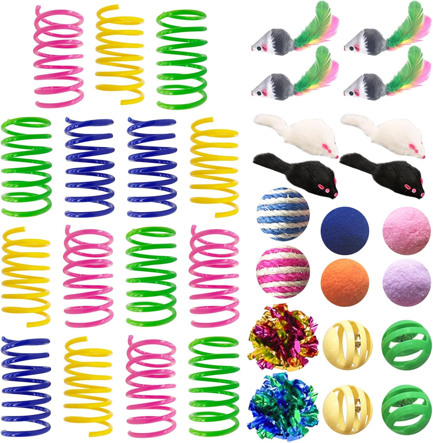Cat Toys for Indoor Cats, 35 Packs Interactive Cat Toys Set with Colorful Springs, Mouse Cat Toy, Crinkle, Sisal, Pompom and Color Bell Balls for Kittens