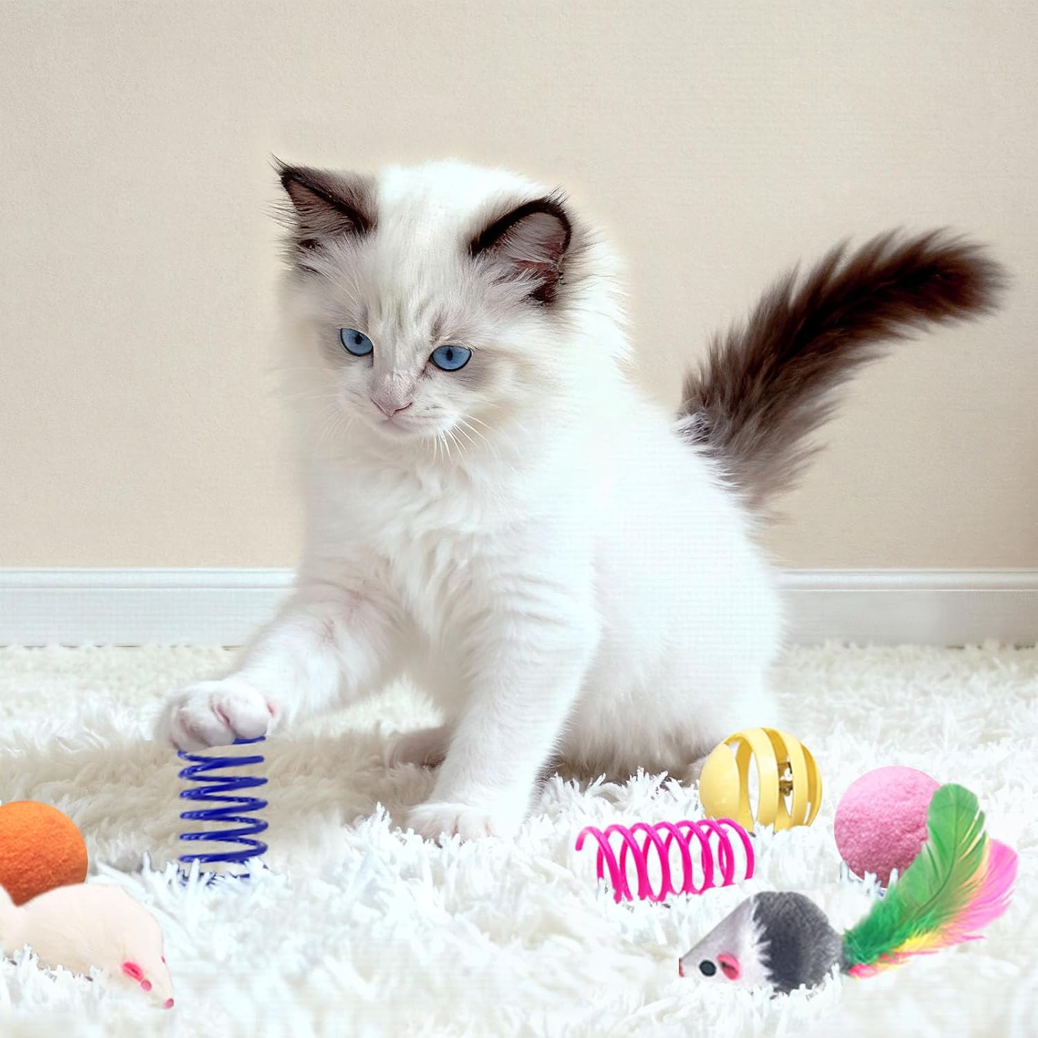 Cat Toys for Indoor Cats, 35 Packs Interactive Cat Toys Set with Colorful Springs, Mouse Cat Toy, Crinkle, Sisal, Pompom and Color Bell Balls for Kittens