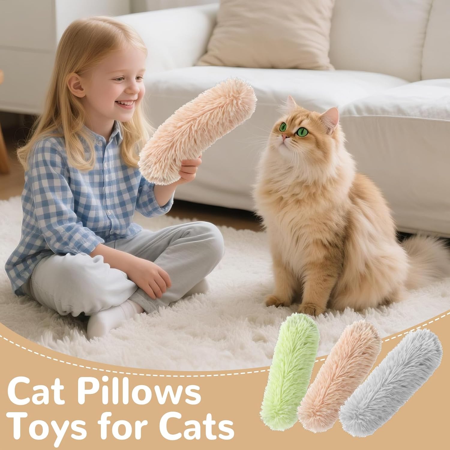 Cat Toys, Catnip Toys Natural Pillows Toys, Crinkle Sound Catnip Toys, Durable Cat Toys for Indoor Cats (Green Orange Grey, 3)