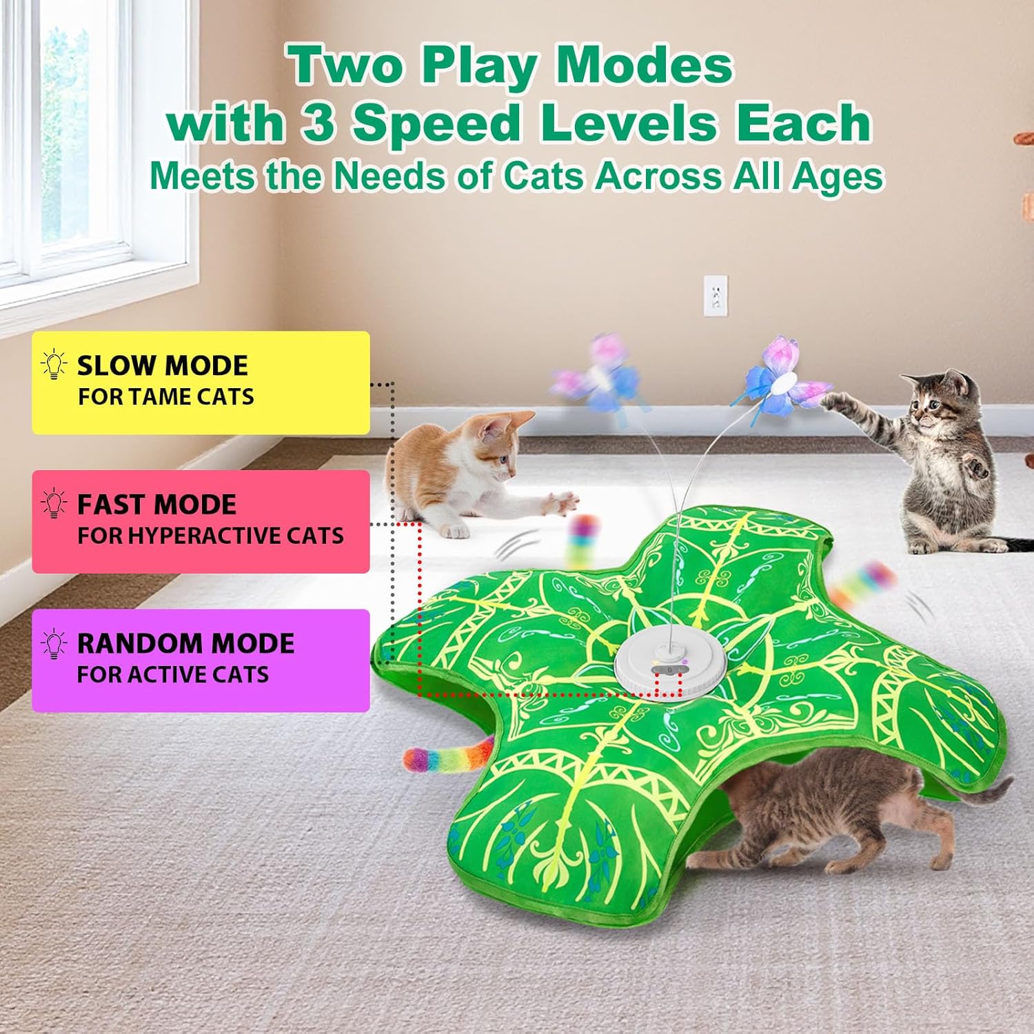 Interactive Cat Toys for Indoor Cats,[Newly Upgraded] Rechargeable Touch Activated Hide and Seek Kitten Toys for Bored Indoor Adult Cats with Fluttering (Green)