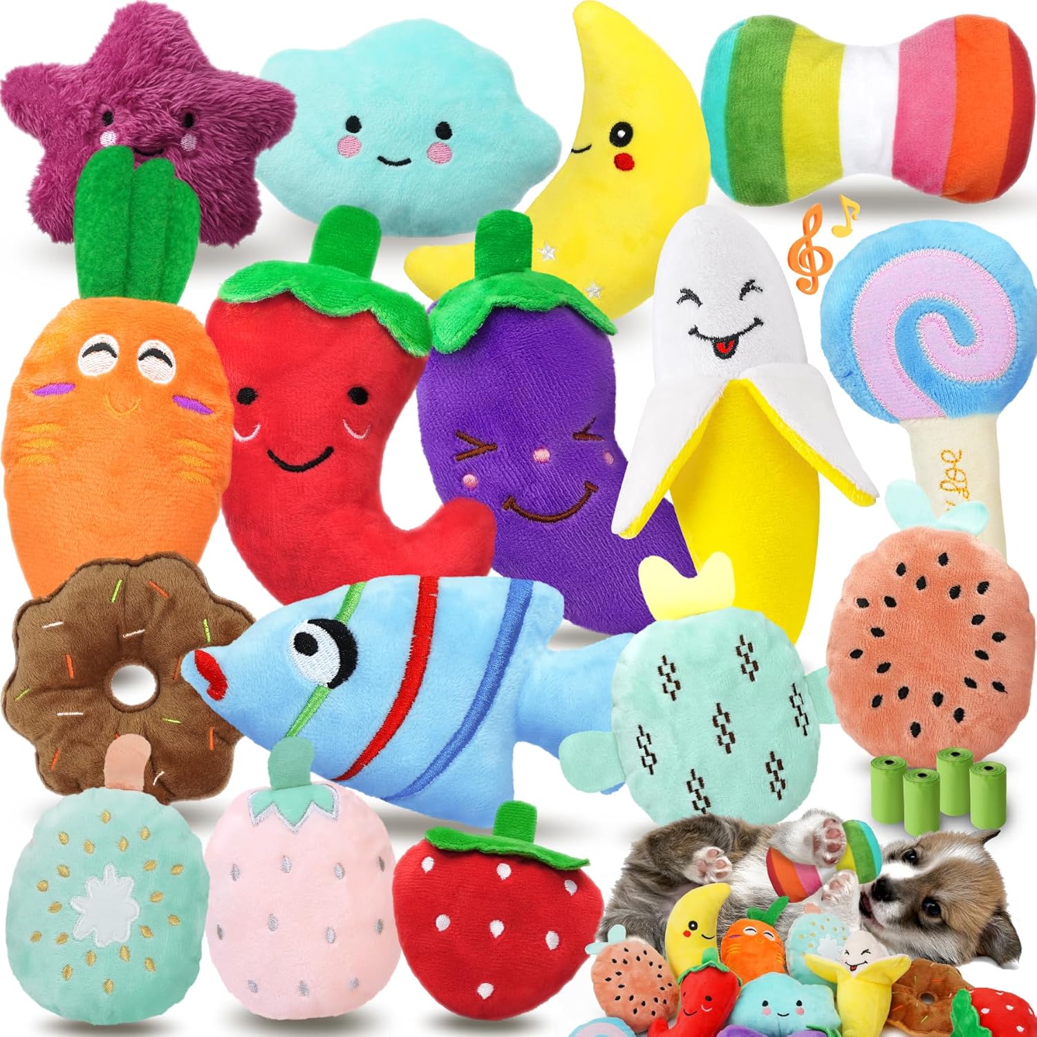 Cheerful 20-Pack Squeaky Dog Toys Set - Included 4 Dog Bags, Plush Puppy Toys with Irresistibly Cute Characters for Small Dogs, Interactive Dog Squeak Toys for Fun&Teeth Cleaning