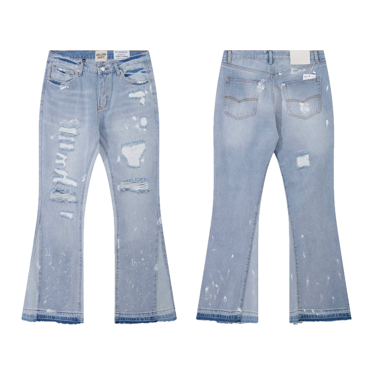 Gallery Dept Light‑Wash Ripped Paint‑Speck Flare Jeans