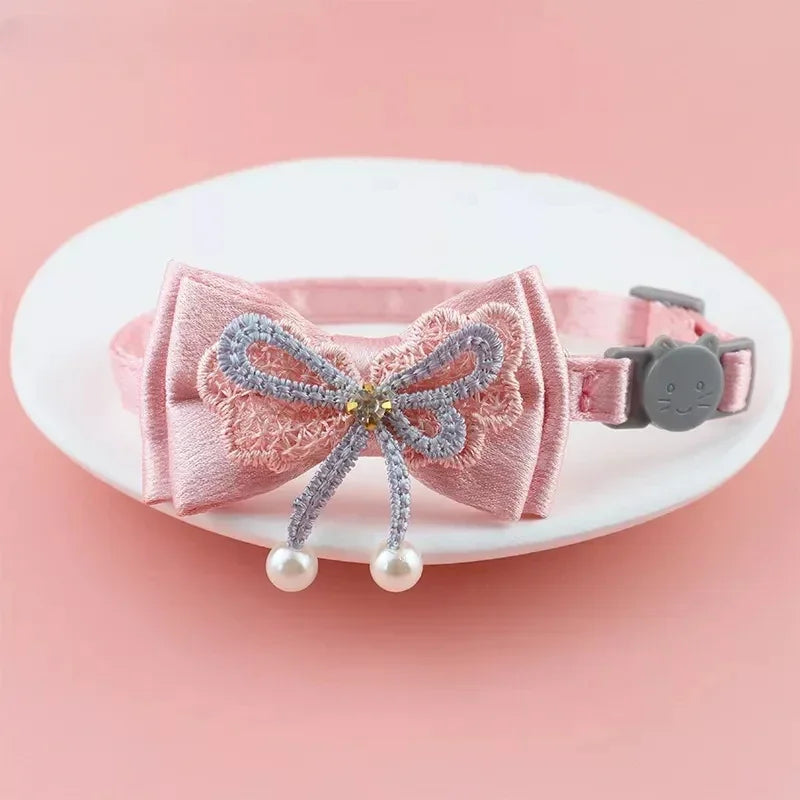 Pink Lace Cat Collar with Bell – Cute Pet Choker with Bow & Beads | Stylish Dog & Cat Accessories