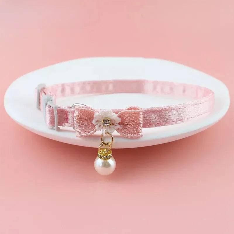 Pink Lace Cat Collar with Bell – Cute Pet Choker with Bow & Beads | Stylish Dog & Cat Accessories