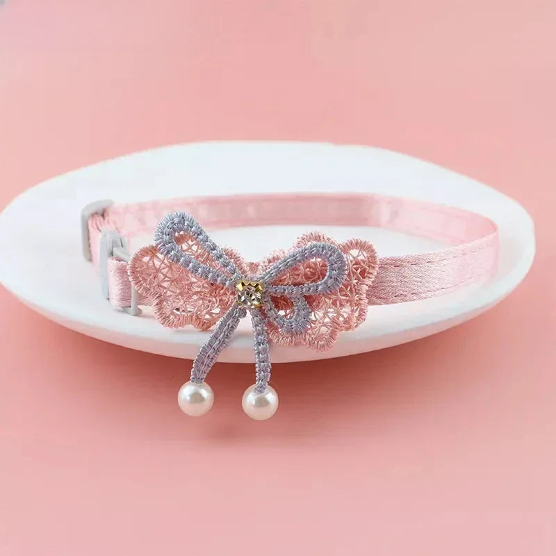 Pink Lace Cat Collar with Bell – Cute Pet Choker with Bow & Beads | Stylish Dog & Cat Accessories