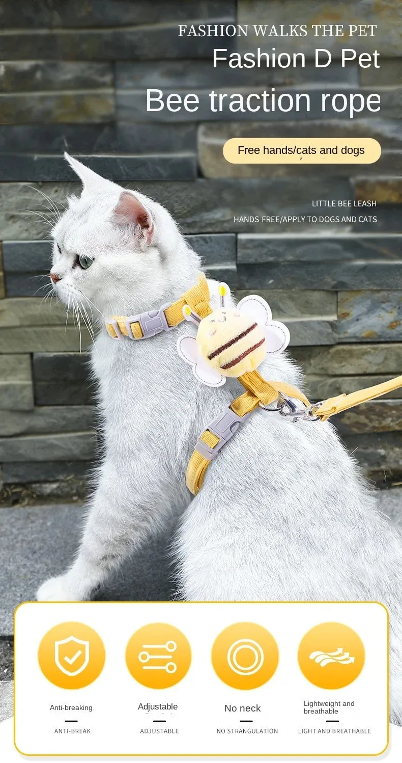Adjustable Cat & Dog Harness Leash Set – Cute Bee Design for Small & Medium Pets | Outdoor Walking Gear