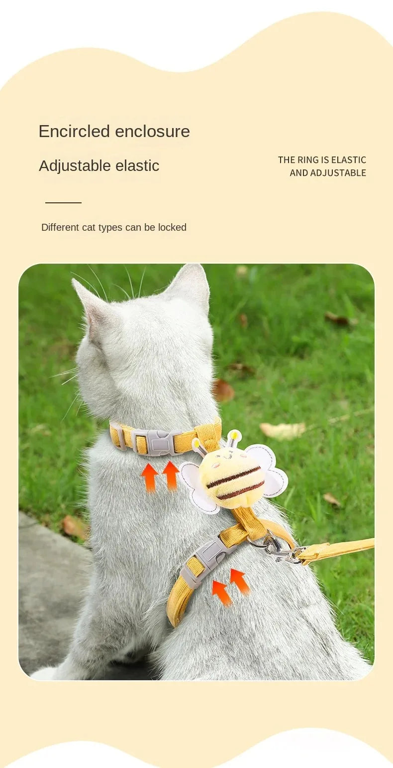 Adjustable Cat & Dog Harness Leash Set – Cute Bee Design for Small & Medium Pets | Outdoor Walking Gear