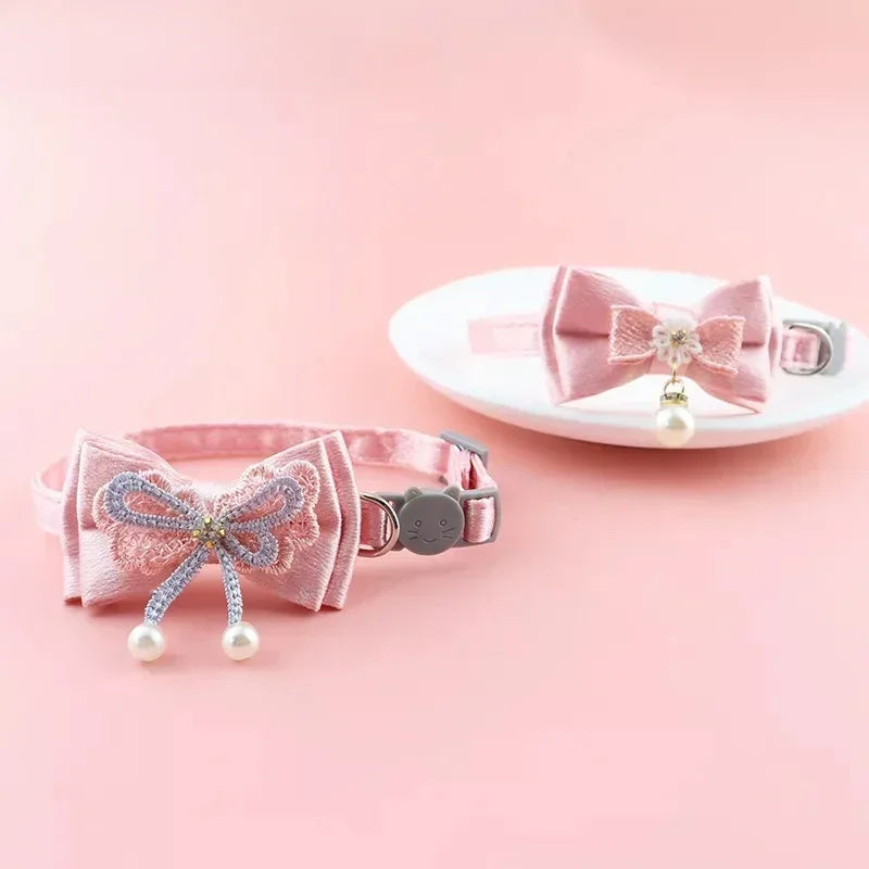 Pink Lace Cat Collar with Bell – Cute Pet Choker with Bow & Beads | Stylish Dog & Cat Accessories
