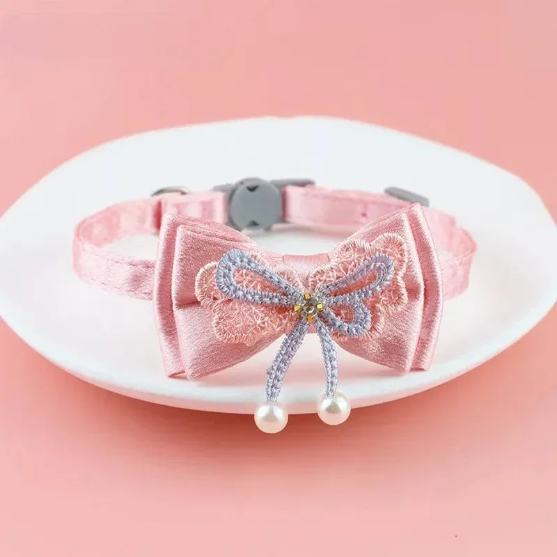 Pink Lace Cat Collar with Bell – Cute Pet Choker with Bow & Beads | Stylish Dog & Cat Accessories